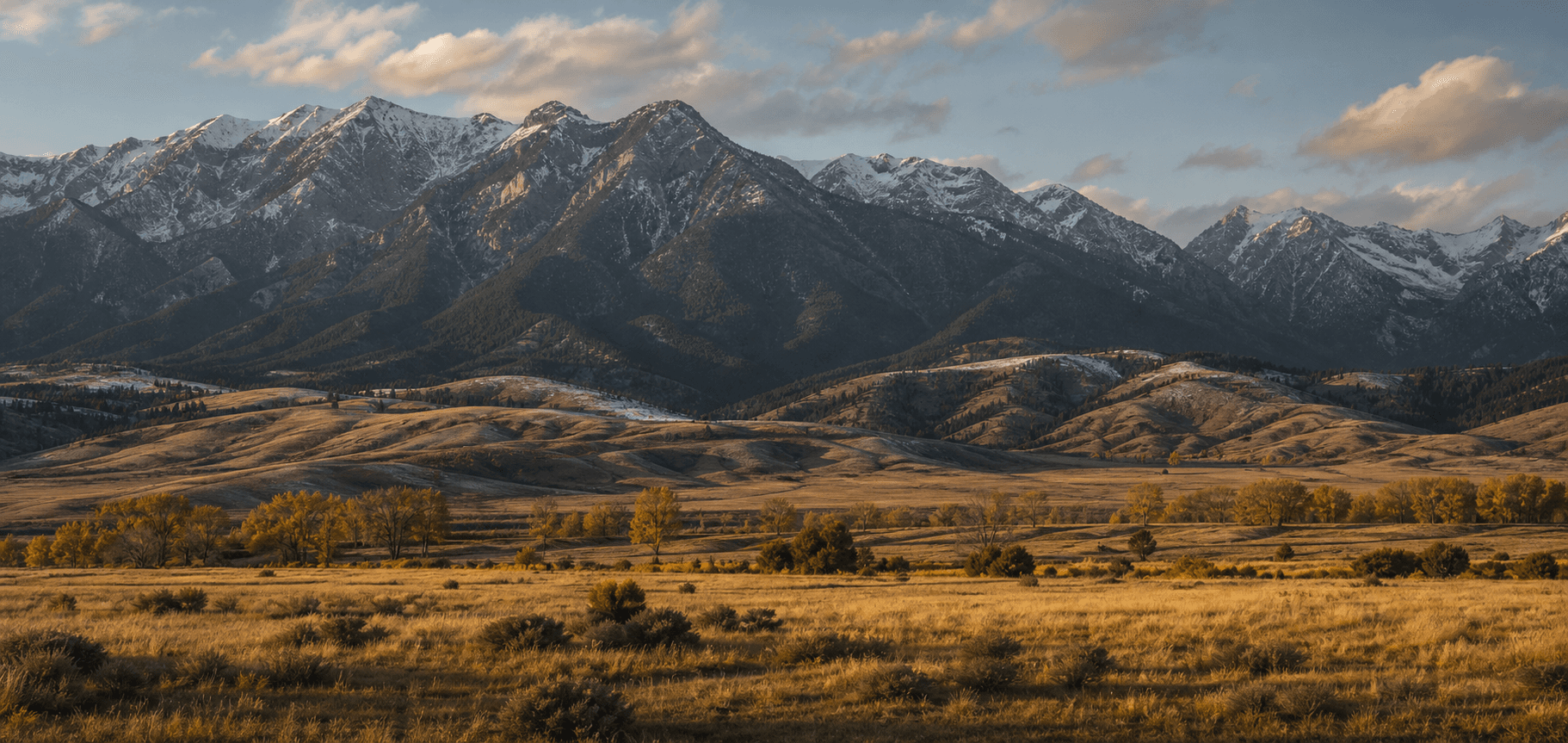 Golden grassland below snow-dusted mountains near Bozeman