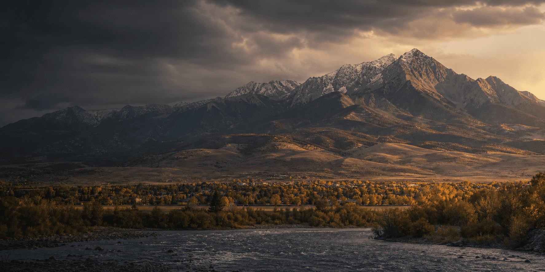 Bozeman valley, mountains, and river at golden hour
